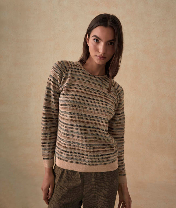 Jacquard Bomber Sweater - Sesame And Multicolor — sesame and multicolor baby alpaca by Sol Alpaca