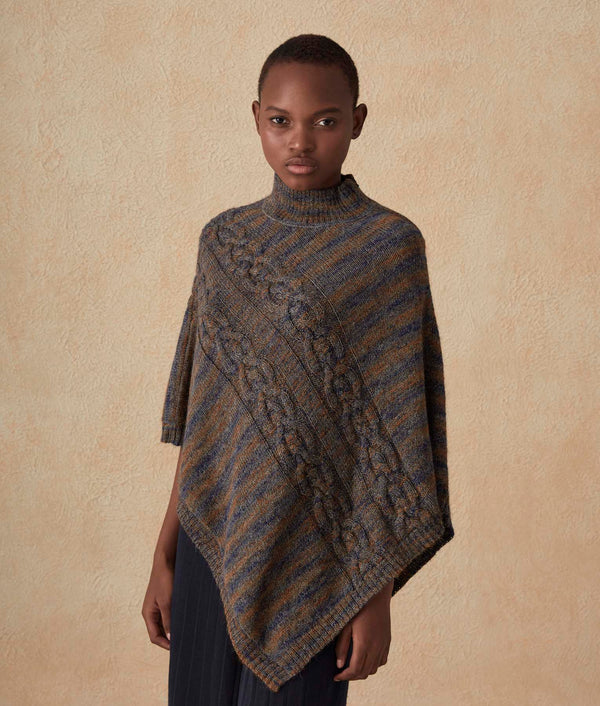 Cables Zipped Detailed Poncho - Inca Gold And Blue Ribbon — inca gold and blue ribbon baby alpaca by Sol Alpaca
