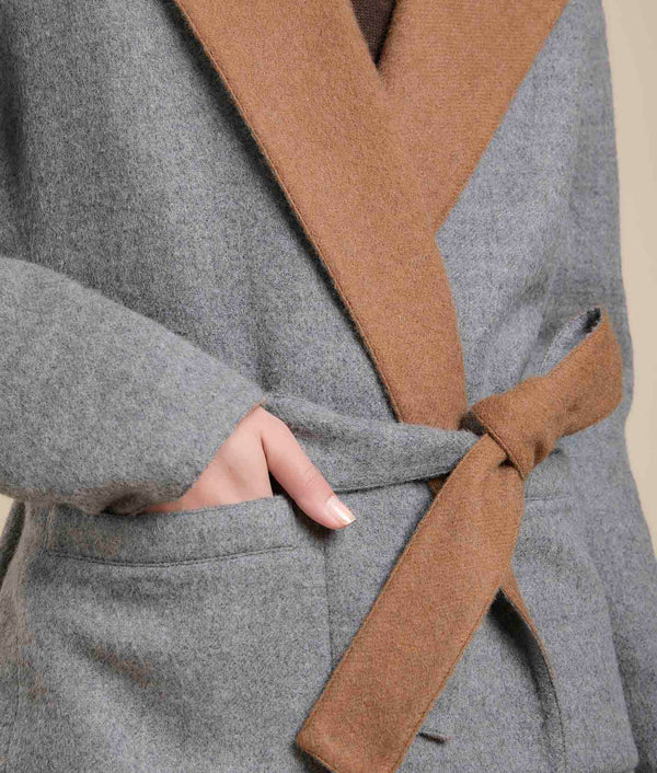 Reversible Wrap Coat — Graphite Grey & Camel — graphite grey & camel baby alpaca by Sol Alpaca