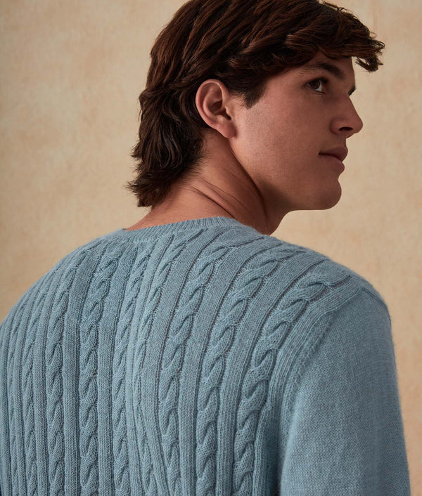 Cable-Knit Men's Baby Alpaca Sweater — Smoke Blue — smoke blue baby alpaca by Sol Alpaca