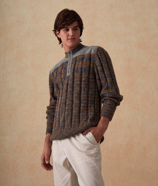 Men's Half-Zipped Ribbed Sweater — Inca Gold Titanium And Blue Ribbon — inca gold titanium and blue ribbon baby alpaca by Sol Alpaca