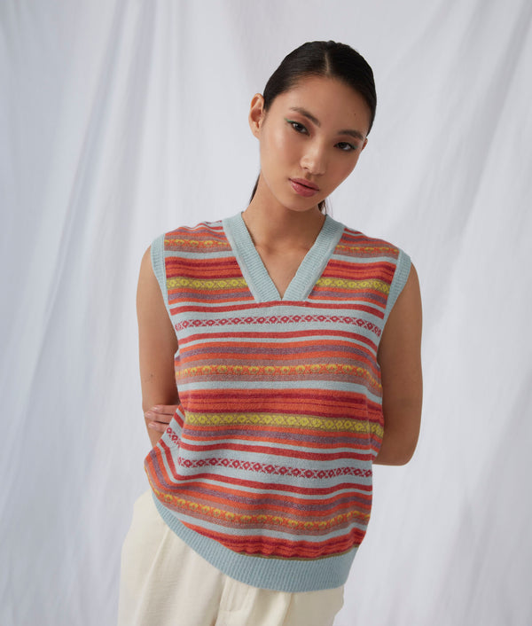 Striped Links & Jacquard Scoope Neck Vest - Blue And Orange Glow — blue and orange glow baby alpaca by Sol Alpaca