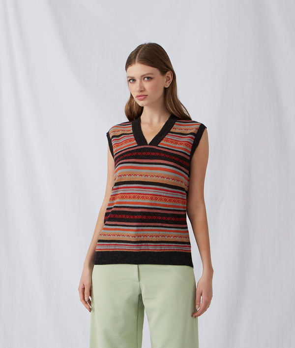 Striped Links & Jacquard Scoope Neck Vest - Red Lollipop And Iron Door — red lollipop and iron door baby alpaca by Sol Alpaca
