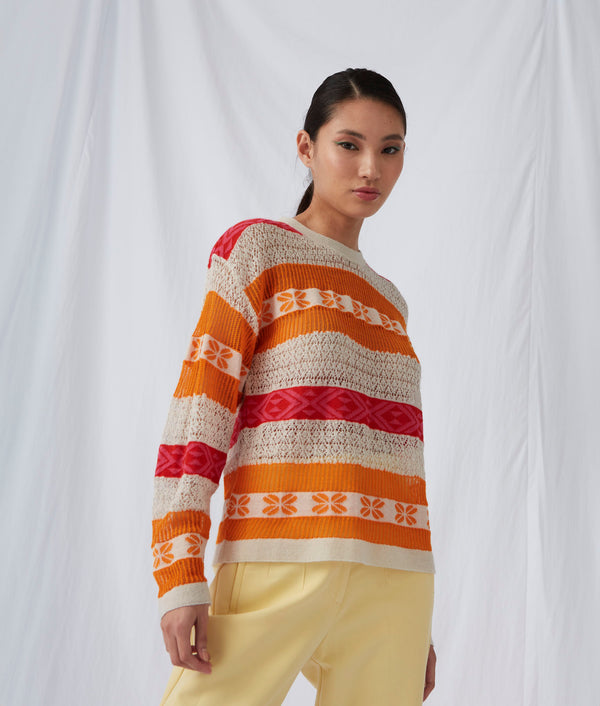 Round Neck Sweater — Winter White And Sun Orange — winter white and sun orange baby alpaca by Sol Alpaca