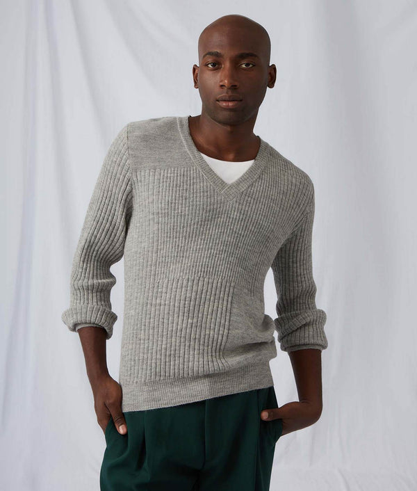 Men's Vee Neck Heavy Rib Sweater — Chateau Gray — chateau gray baby alpaca by Sol Alpaca