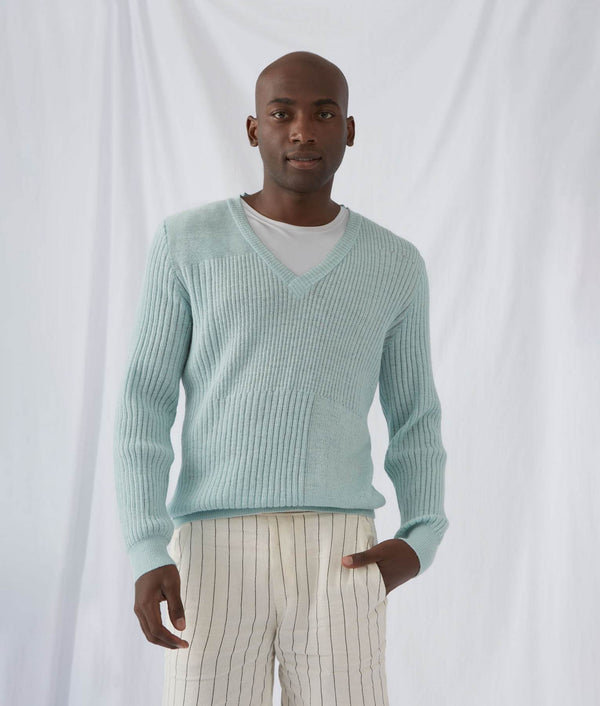 Men's Vee Neck Heavy Rib Sweater — Blue Topaz — blue topaz baby alpaca by Sol Alpaca
