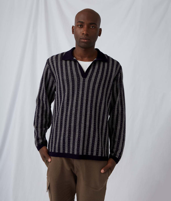 Flowing Ribs Polo Neck Men's Sweater — Black And White — black and white baby alpaca by Sol Alpaca