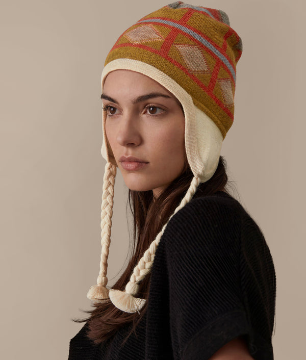 Jacquard Peruvian Baby Alpaca Chullo — golden olive and paprika baby alpaca by Sol Alpaca