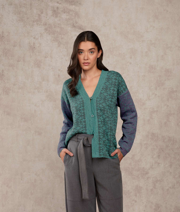 The Fusion Cardigan — Wasabi Green And Purple Mist — wasabi green and purple mist baby alpaca by Sol Alpaca
