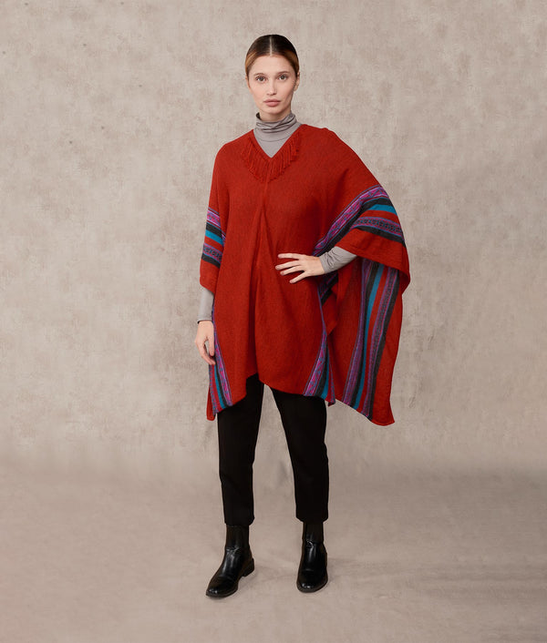 Rider With Fringe Details - Wine Raspberry Poncho — wine raspberry baby alpaca by Sol Alpaca
