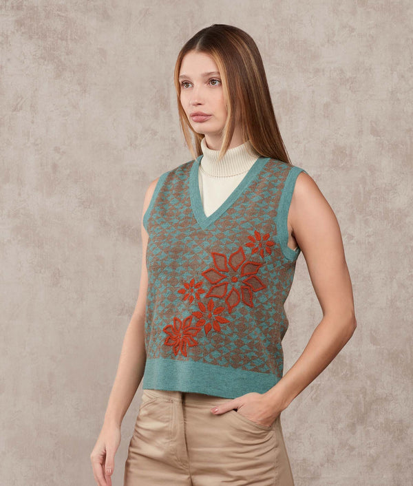 Heart Of Flowers Vest — Navy Blue And Rust Orange — navy blue and rust orange baby alpaca by Sol Alpaca
