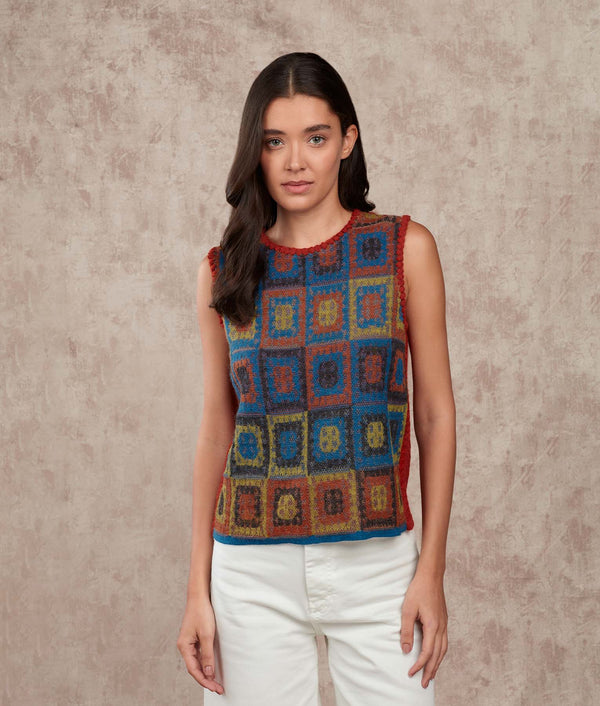 Dreams Of Crochet O Neck Vest — Blue Vallarta And Molten Lava — blue vallarta and molten lava baby alpaca by Sol Alpaca