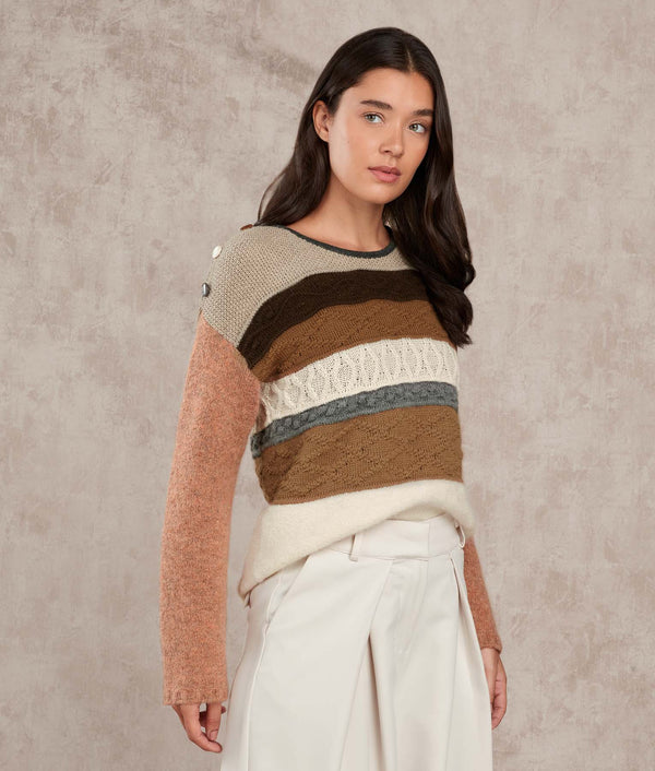 Stripes Neck Sweater- Tobacco Brown And Bright White — tobacco brown and bright white baby alpaca by Sol Alpaca