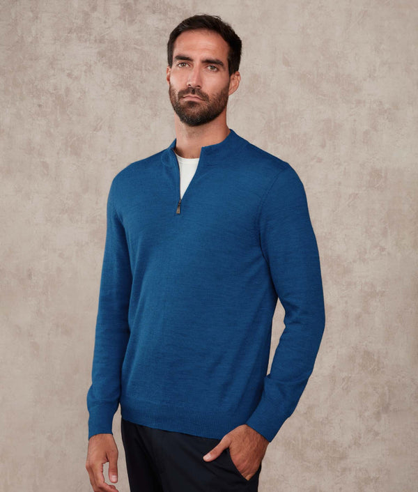 Mock Neck Premium Alpaca Sweater — deep water baby alpaca by Sol Alpaca