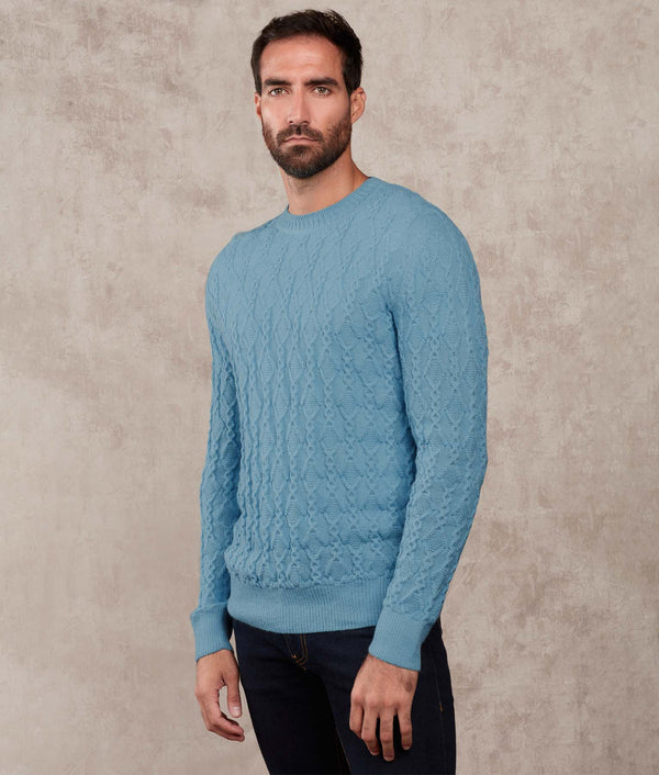 Cables & More Crew Neck Sweater — Milky Blue — milky blue alpaca by Sol Alpaca