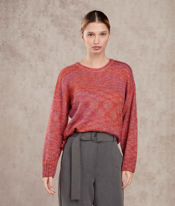 Loose Scoope Neck Sweater — Flame Orange And Rose Violet — flame orange and rose violet baby alpaca by Sol Alpaca