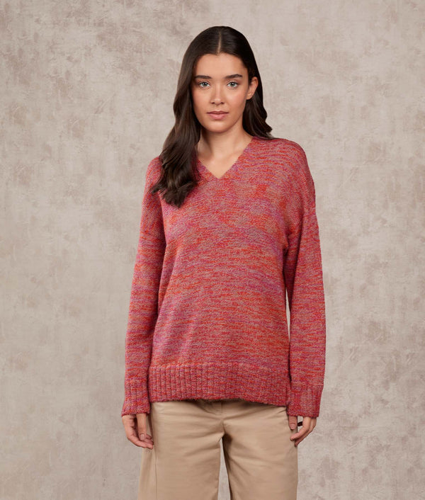 Oversized V Neck Sweater — Flame Orange And Rose Violet — flame orange and rose violet baby alpaca by Sol Alpaca