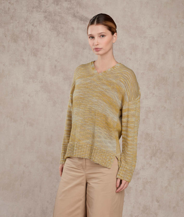 Oversized V Neck Sweater — Goldfinch And Bright White — goldfinch and bright white baby alpaca by Sol Alpaca