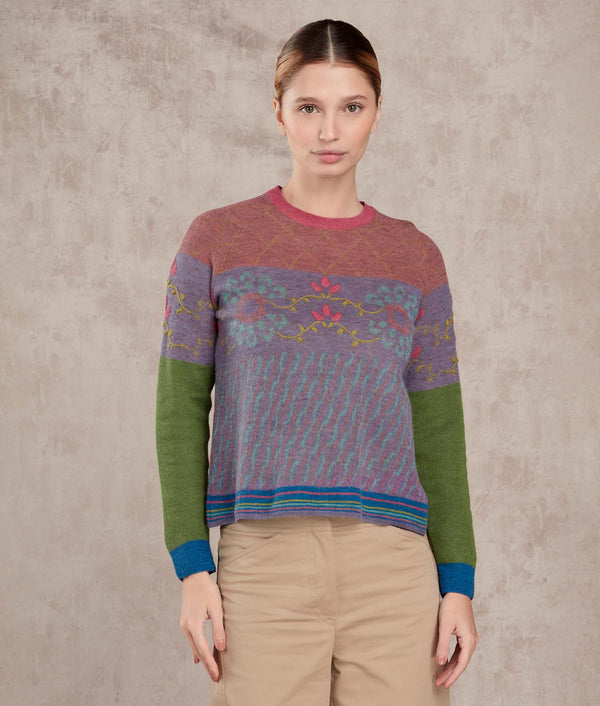 The Flowers Crew Neck Sweater — turtle green and violet mist baby alpaca by Sol Alpaca