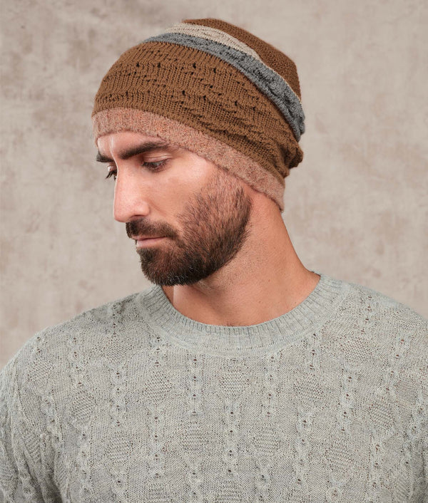 Stripes Beanie — Toasted Coconut And Steel Gray — toasted coconut and steel gray baby alpaca by Sol Alpaca