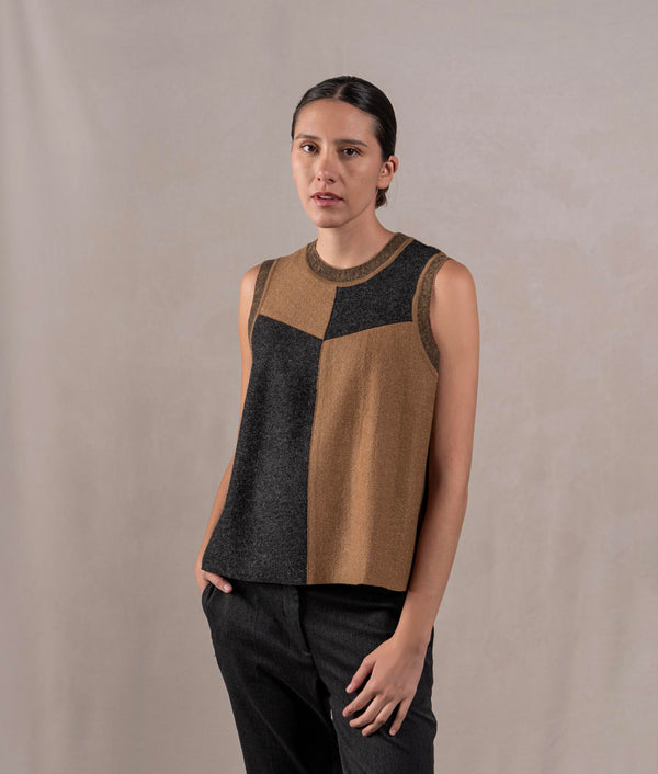Patch Crew Neck Vest - Toasted Coconut And Pirate Black — toasted coconut and pirate black baby alpaca by Sol Alpaca