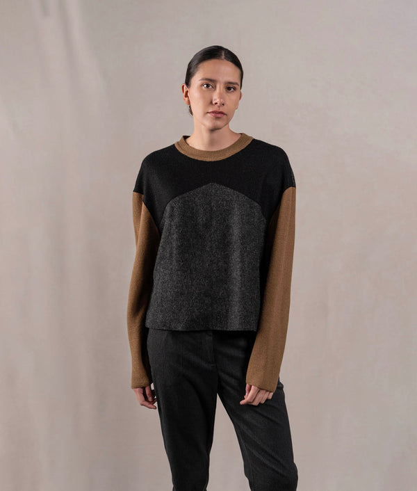 Patch & Links Crew Neck Sweater - Black And Toasted Brown — black and toasted brown baby alpaca by Sol Alpaca