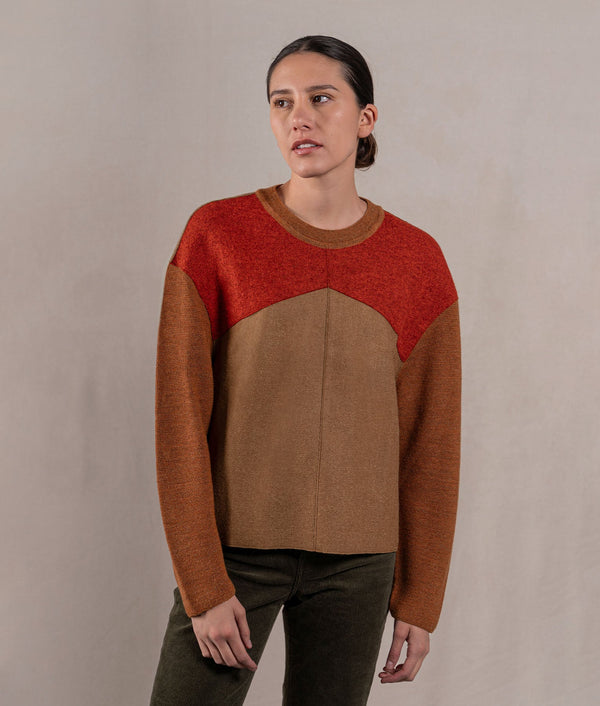 Patch & Links Crew Neck Sweater - Brick Red And Clay Brown — brick red and clay brown baby alpaca by Sol Alpaca