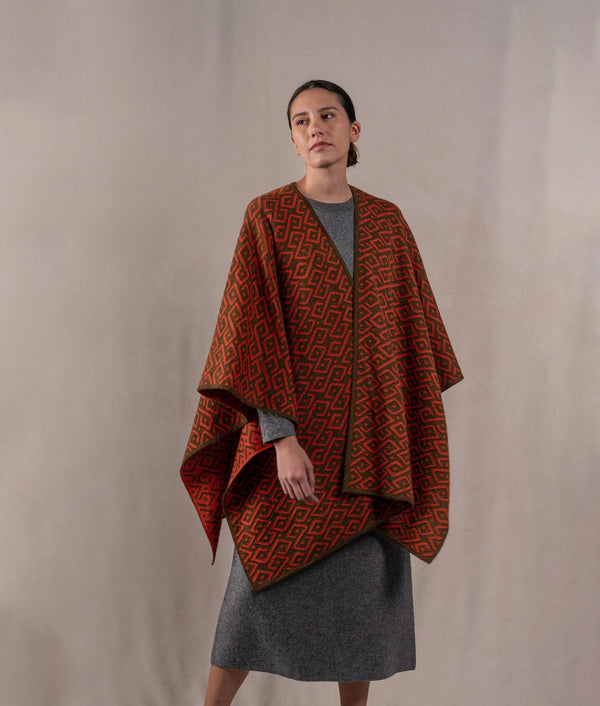 Gala Cape - Dark Olive Brow And Terracotta Red — dark olive brow and terracotta red baby alpaca by Sol Alpaca