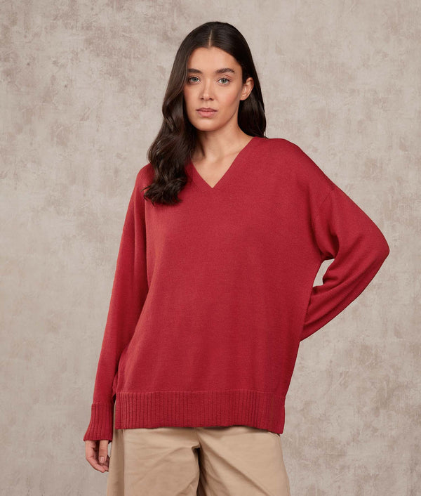 Oversized V Neck Sweater — Red Pompeian — red pompeian alpaca by Sol Alpaca