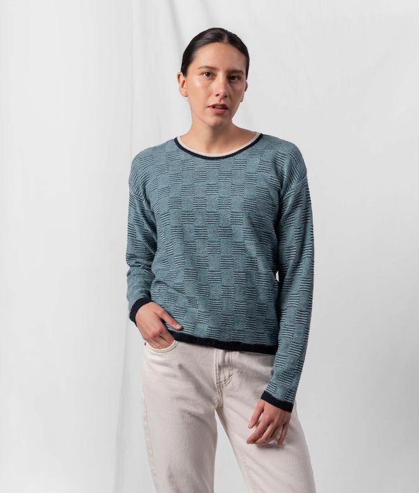 High And Low O Neck Stiched Sweater - Teal Blue And Black — teal blue and black baby alpaca by Sol Alpaca