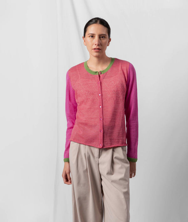 El Ritmo Eyelet Detailed Cardigan - Watermelon Pink And Soft Lime Green — watermelon pink and soft lime green baby alpaca by Sol Alpaca