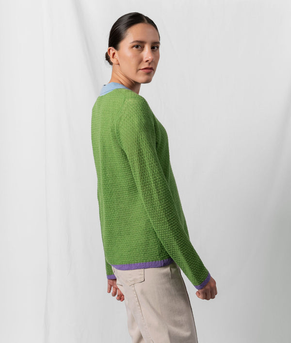 Twisted Basket Weave Sweater - Lime Green And Pastel Blue — lime green and pastel blue baby alpaca by Sol Alpaca
