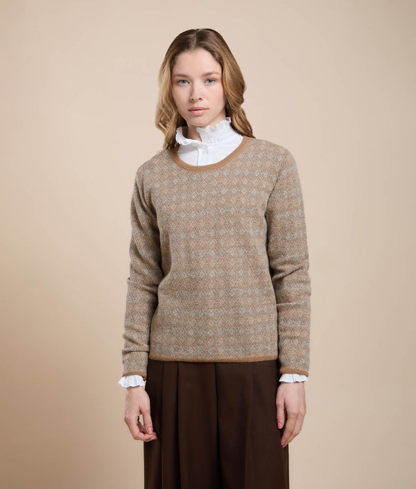Crew Neck Sweater with Repeating Jacquard — Camel — camel baby alpaca by Sol Alpaca