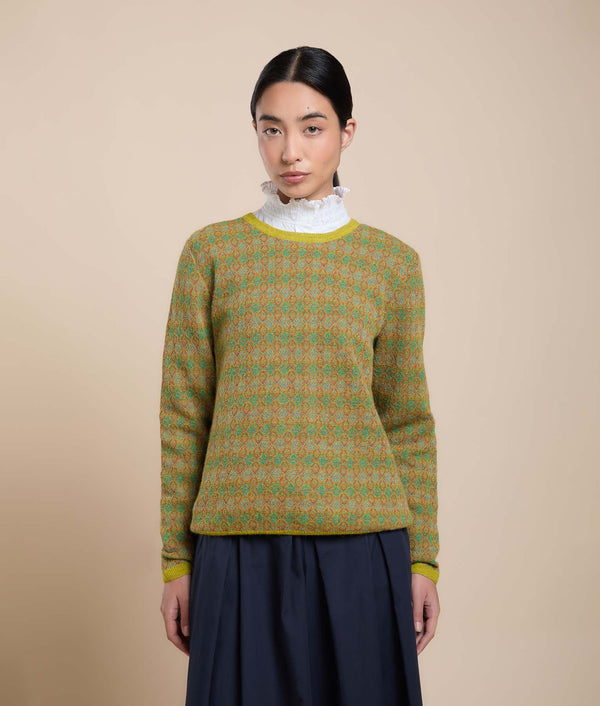 Crew Neck Sweater with Repeating Jacquard — Forest Green — forest green baby alpaca by Sol Alpaca