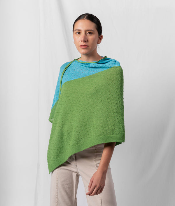 Links Diamond Poncho - Grass Green And Bright Sky Blue — grass green and bright sky blue baby alpaca by Sol Alpaca