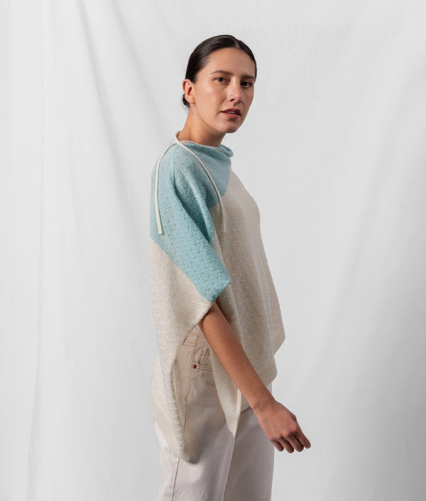 Links Diamond Poncho - Ivory And Icy Blue — ivory and icy blue baby alpaca by Sol Alpaca
