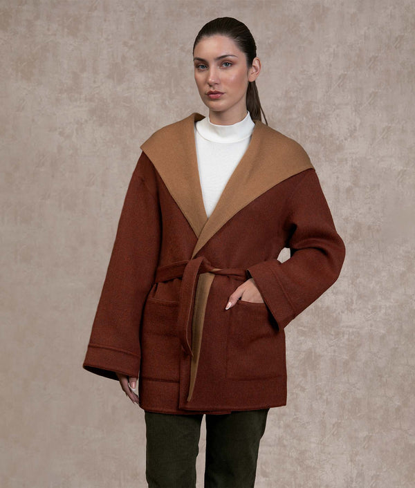 Belted Short Hoodie — Spicy Brown And Toasted Coconut — spicy brown and toasted coconut baby alpaca by Sol Alpaca