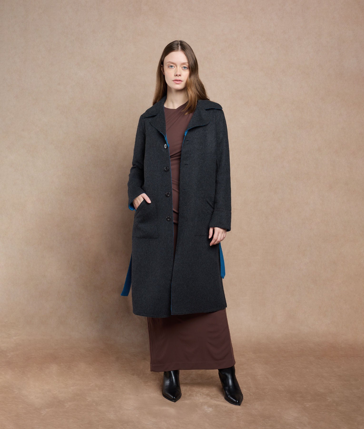 Reversible Oversized Belted Coat - Petrol Blue Y Dark Charcoal