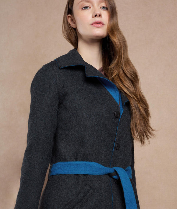 Reversible Oversized Belted Coat - Petrol Blue Y Dark Charcoal — petrol blue y dark charcoal baby alpaca by Sol Alpaca