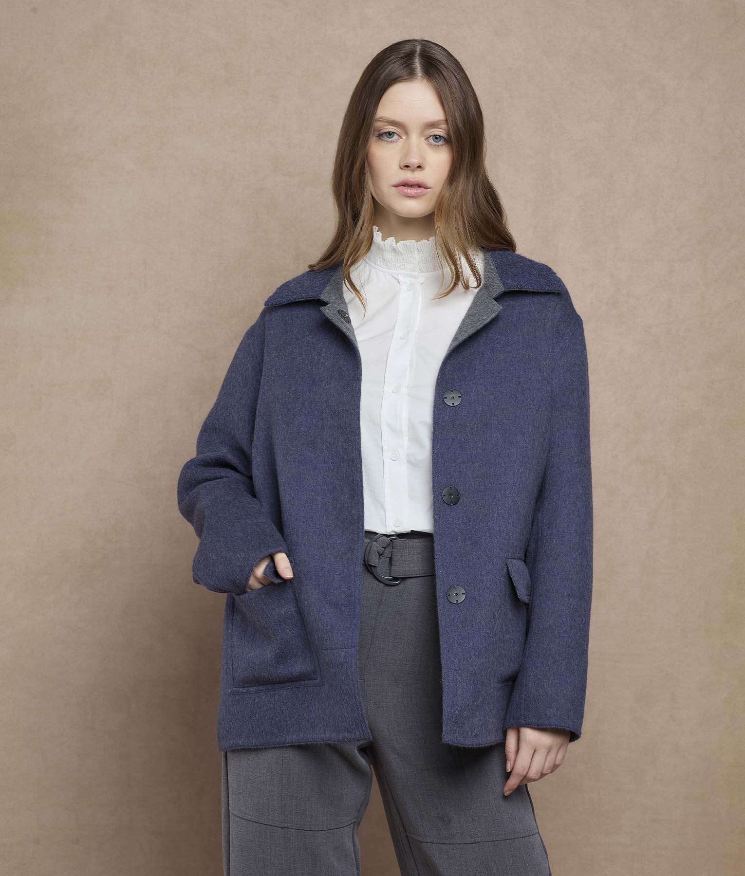 Reversible Women'S Short Coat - mood indigo and grey