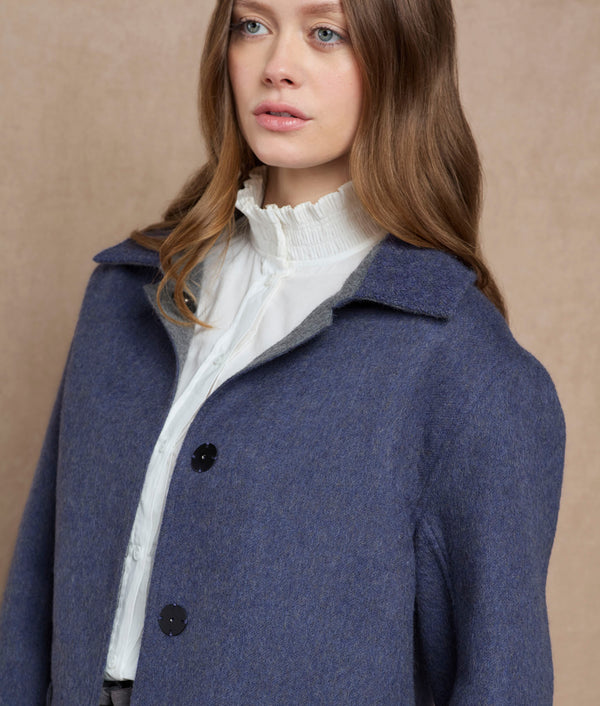 Reversible Women'S Short Coat - mood indigo and grey — mood indigo and grey baby alpaca by Sol Alpaca
