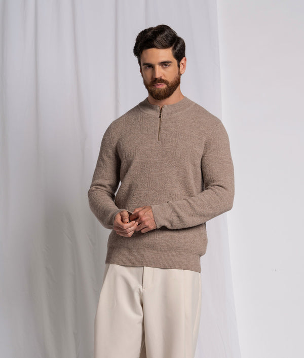 Jacquard High Neck Zipped Sweater — cobble brown alpaca by Sol Alpaca