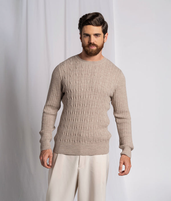 Men's Cable and Jersey Ribbed Sweater — dormer brown alpaca by Sol Alpaca