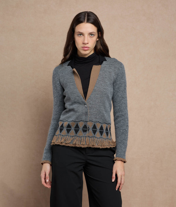 Biz Cardigan — Frost Gray And Tobacco Brown — frost gray and tobacco brown baby alpaca by Sol Alpaca