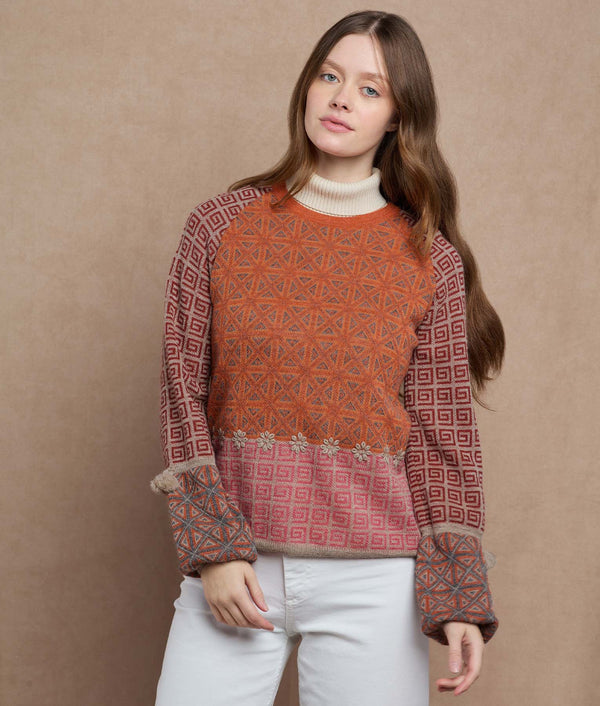 Jacquard Puffed Sleeves Sweater — Terracota Y Rose — terracotta y rose baby alpaca by Sol Alpaca