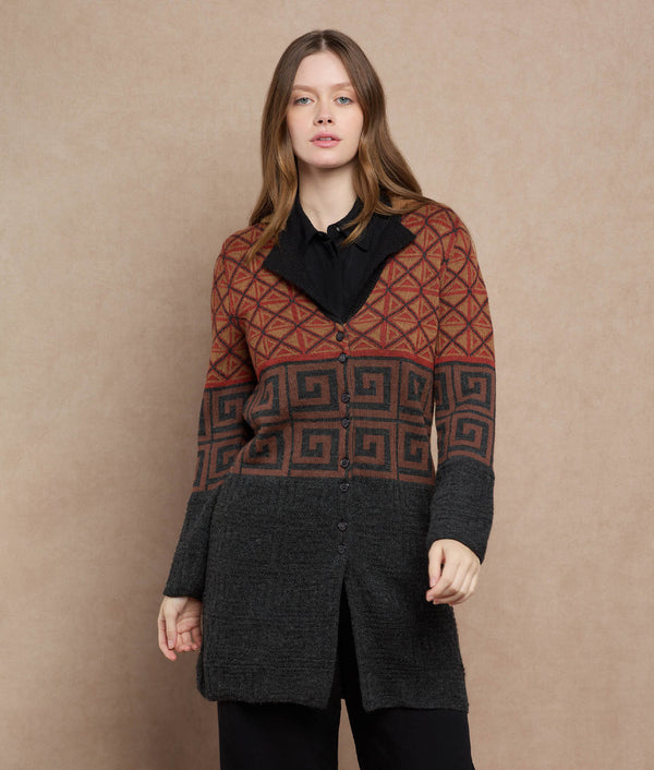 Beto Long Cardigan — Terracotta And Carbon Gray — terracotta and charcoal gray baby alpaca by Sol Alpaca