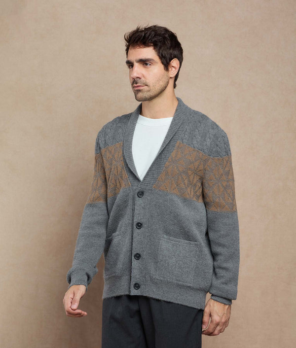Men Fisherman Cardigan — Tabaco Brown And Frost Gray — tabaco brown and frost gray baby alpaca by Sol Alpaca