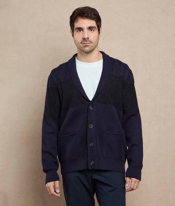 Men Fisherman Cardigan — Navy Blue And Black — navy blue and black baby alpaca by Sol Alpaca