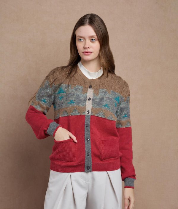 De Campo Cardigan — Aurora Red And Tabacco Brown — aurora red and tabacco brown baby alpaca by Sol Alpaca