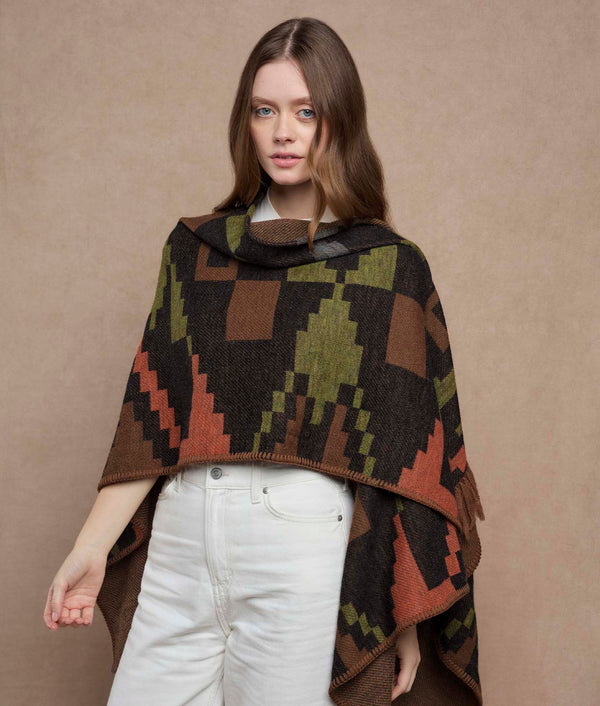 Mago Jacquard Cape — Olive Greeen And Brown — olive greeen and brown baby alpaca by Sol Alpaca